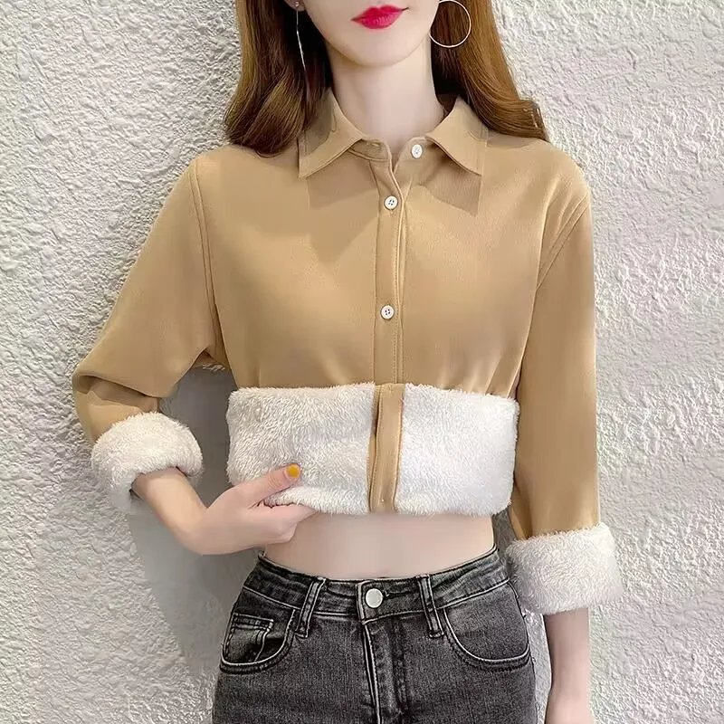 Velvet Thick Warm Women's Solid Shirt 2023 New Female Long Sleeve Tops Winter Fleece Casual Corduroy Blouse Autumn Clothes XXXL