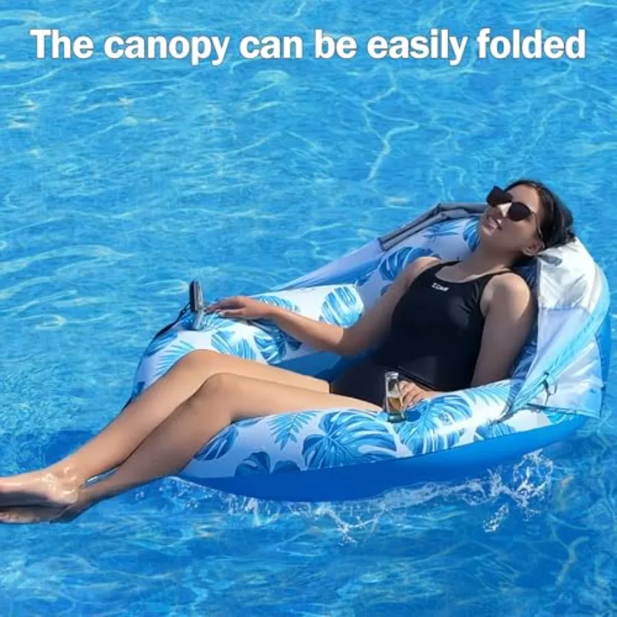 Pool Float with Canopy for Adults, Inflatable Lounge Chair with UPF 50+ Sun Protection, Backrest and Legrest, Blue