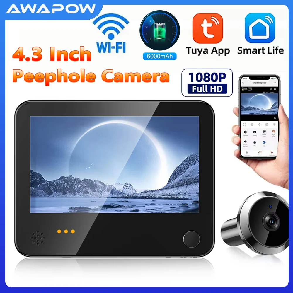 

Awapow 4.3 Inch Tuya Smart Digital Doorbell Wifi Peephole Camera Cat Eye 1080P IR Night Vision Monitor Door Viewer 6000mAh Batte