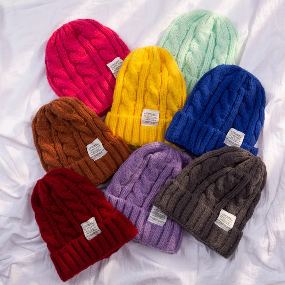 Winter Hat Acrylic Couple Cap Twist Female Bonnet Beanie Hats Warm Thicken Fashion Solid Color High Quality Women Knit Cap