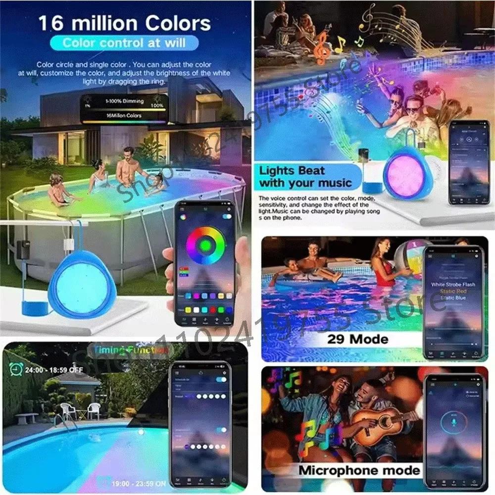 12W RGB Underwater Light IP68 Impermeável Sucção Magnética Piscina Lâmpada 25W Mobile APP Control Pools Party Scenery iluminação