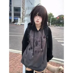 Japanese Anime Printed Long-sleeved Hoodie Autumn Winter Subculture Kawaii T-shirt Grey Black Color Youthful Women's Blouse