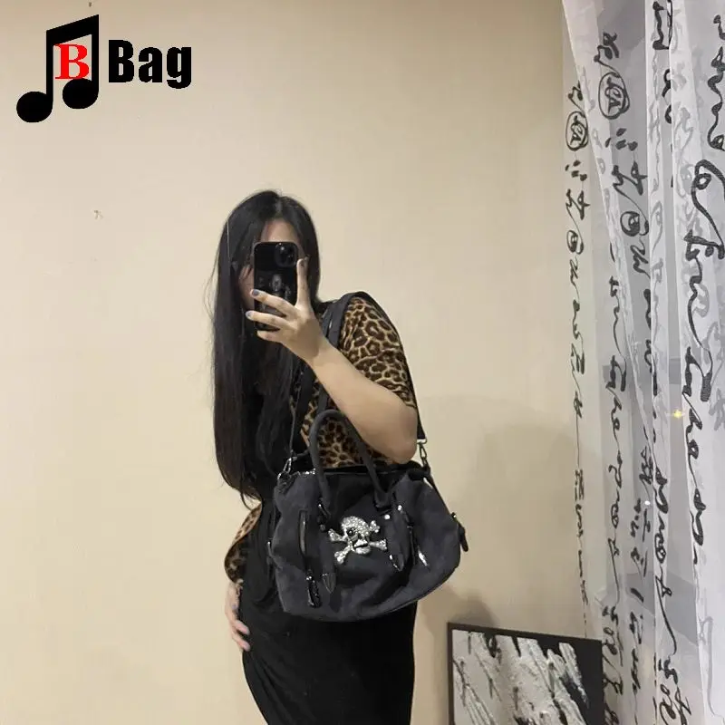 Y2K Gothic Women's Girls Punk Harajuku Handbag Skull Head Bright Diamond Large Capacity Fashionable One Shoulder Crossbody Totes