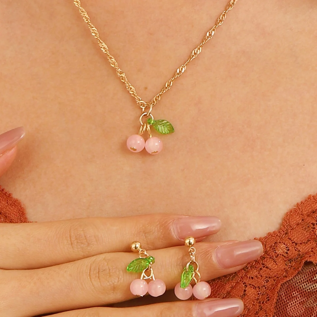 Cherry Red Necklace & Earring Set, Elegant Collarbone Chain