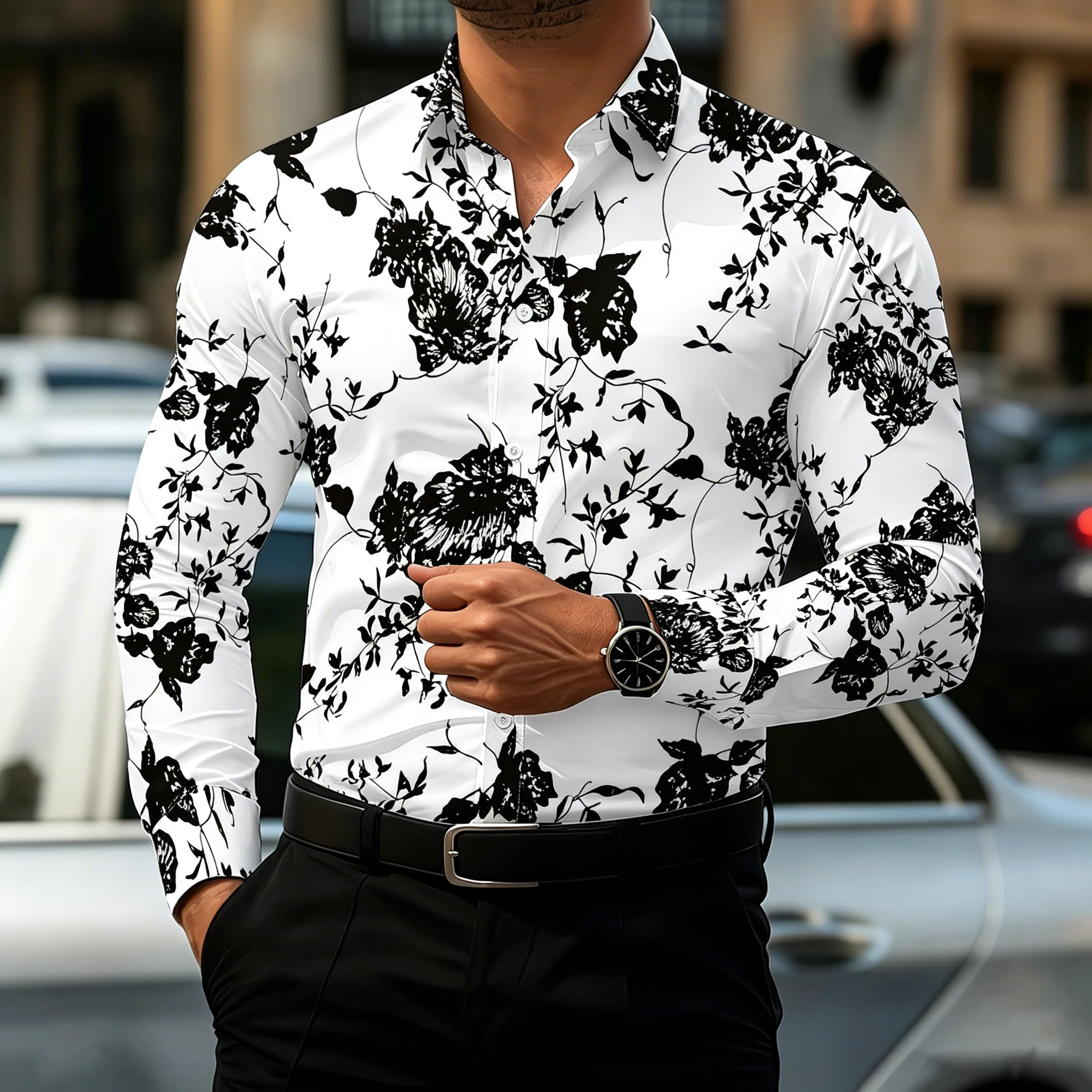 Trendy black and white printed shirt for men, long-sleeved, loose fit, versatile for vacations and commuting, collared top