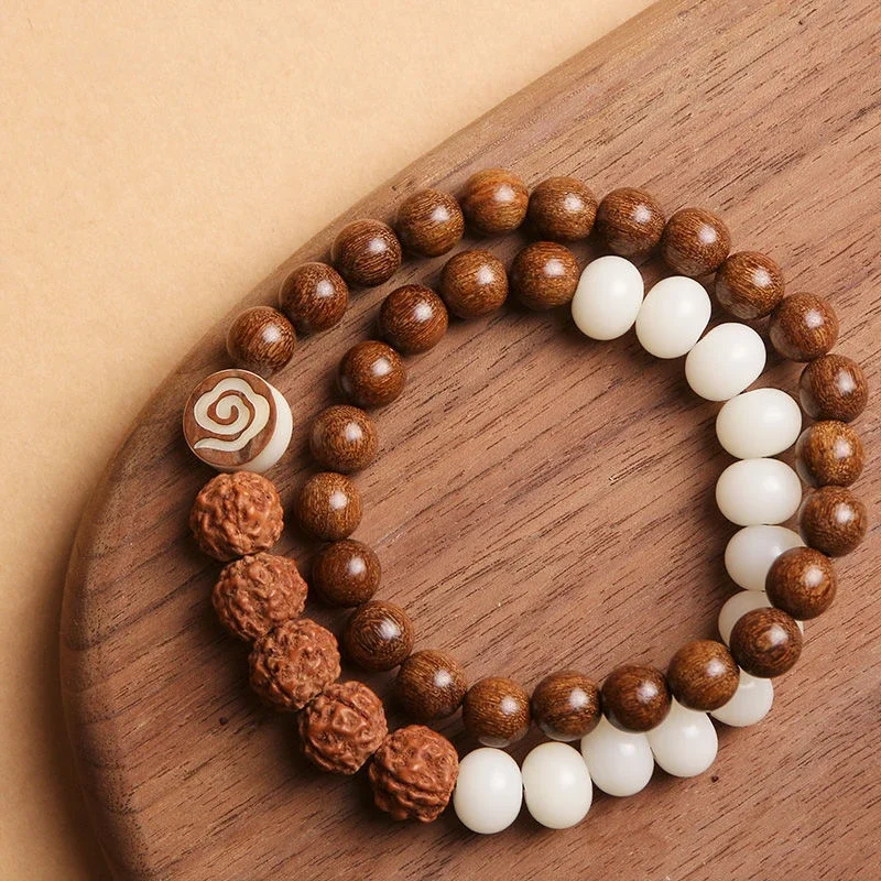 

UMQ Handmade Golden Sandalwood Buddhist Beads Bracelet with White Jade Vajra and Bodhi Wood for Protection and Blessing