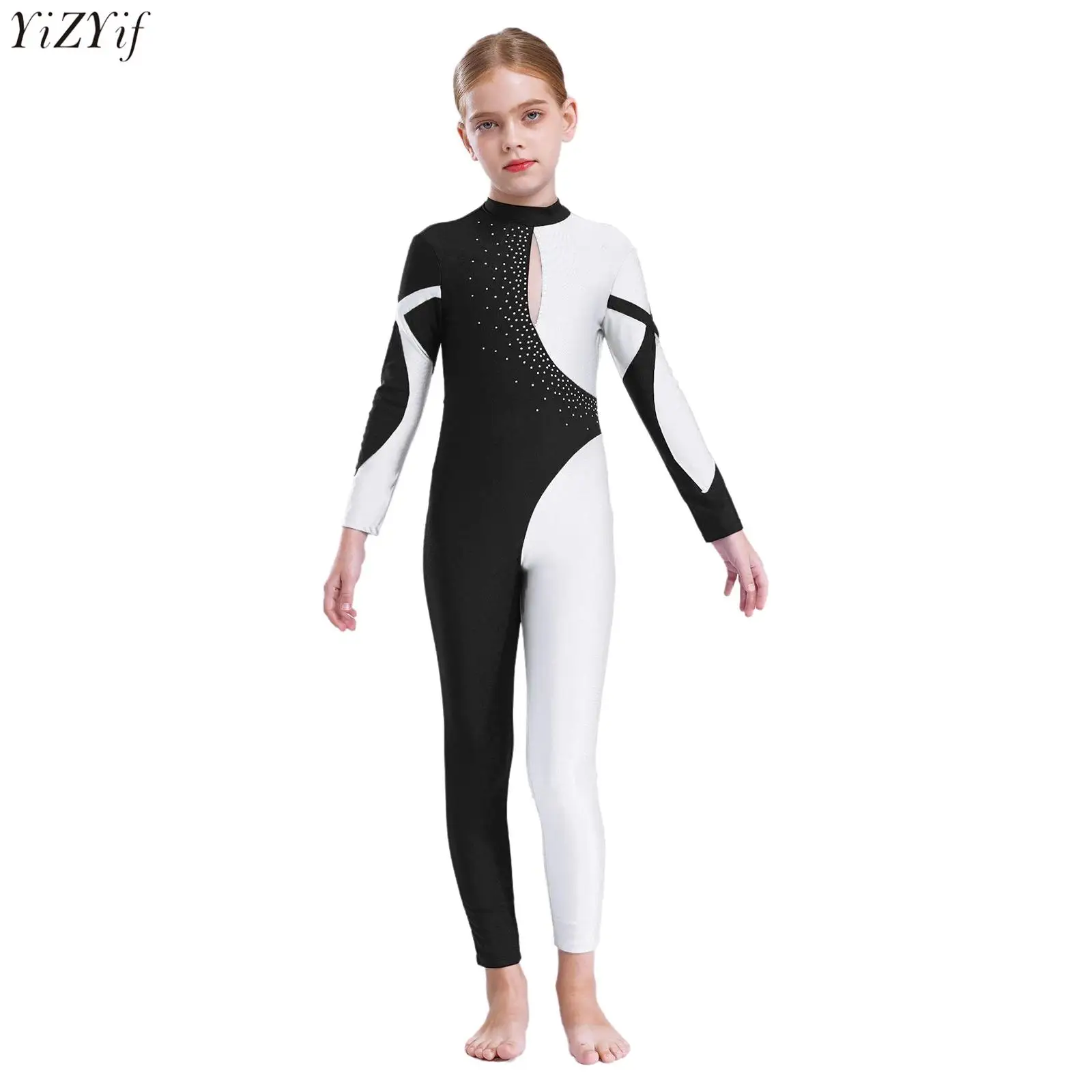 

Kids Girls Acrobatics Gymnastics Figure Skating Jumpsuit Long Sleeve Shiny Rhinestones Contrast Color Splice Leotard Dance Wear