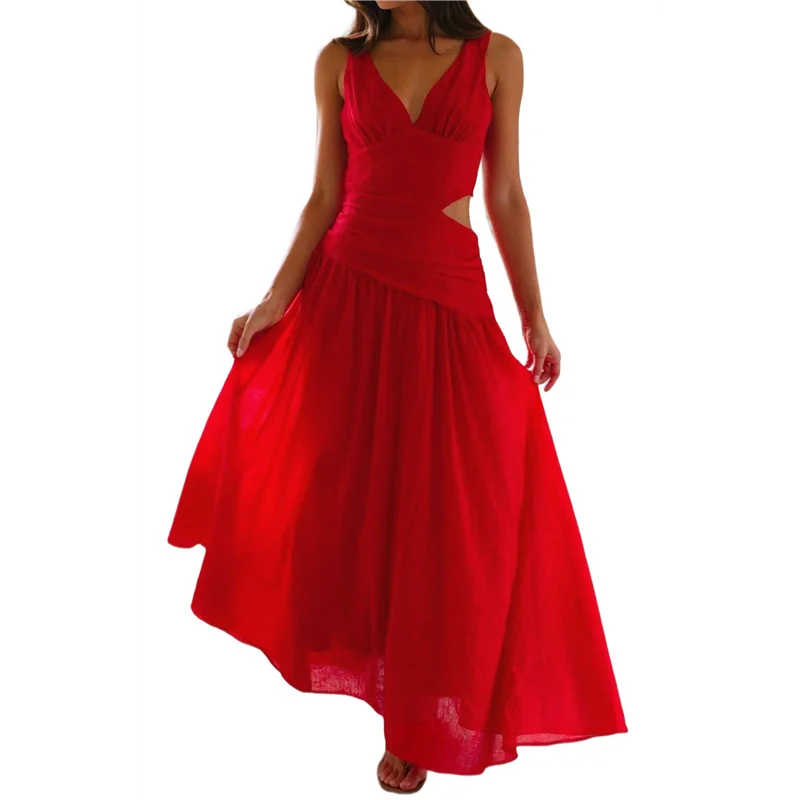 ASDS-Vestido feminino de festa de verão com cintura longa e franzido, decote em V fluido, vestidos femininos plissados