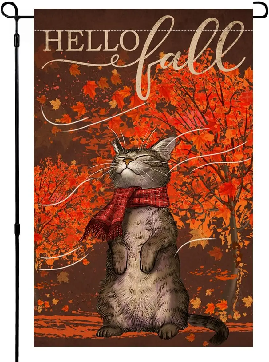 BLKWHT Hello Fall Cat Садовый флаг 12x18 Вертикальный двусторонний осенний кленовый лист День Благодарения Праздничные наружные украшения B KZA