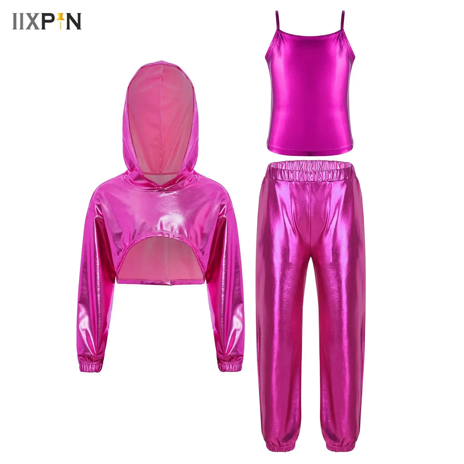 

Kids Girls Hip-Hop Jazz Dance Costume Long Sleeve Asymmetrical Hem Metallic Cropped Hoodie+Spaghetti Straps Camisole+Pants 3Pcs
