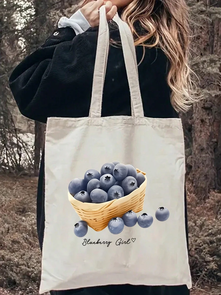

1pc Blueberry Pattern Tote Bag Beach Bag Shopper Bags Handbags Canvas Shoulder Bags Woman Shopping Bags High Capacity Gift