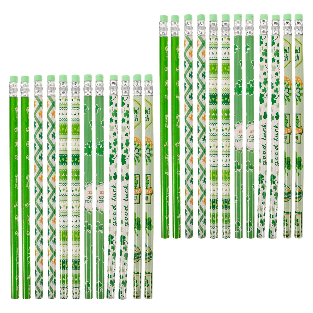 24 Pcs Cool Pencils Four Leaf Drawing Students Writing with Eraser Patrick Day Themed Designed Use