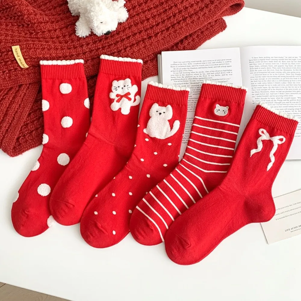 

5 Pairs Kitten Combed Cotton Red Socks Soft Breathable Polka Dot Socks Comfortable Creative Stripe Socks Spring Festival