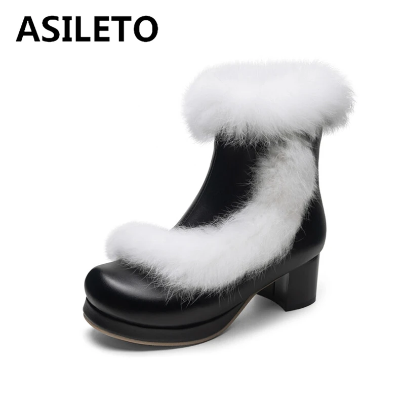 

ASILETO 2024 Sweet Cute Fur Ankle Snow Boots с острым носком, теплая молния, 5 см, блочный каблук, большой размер 45, 46 47 48 US17 US12, повседневная обувь