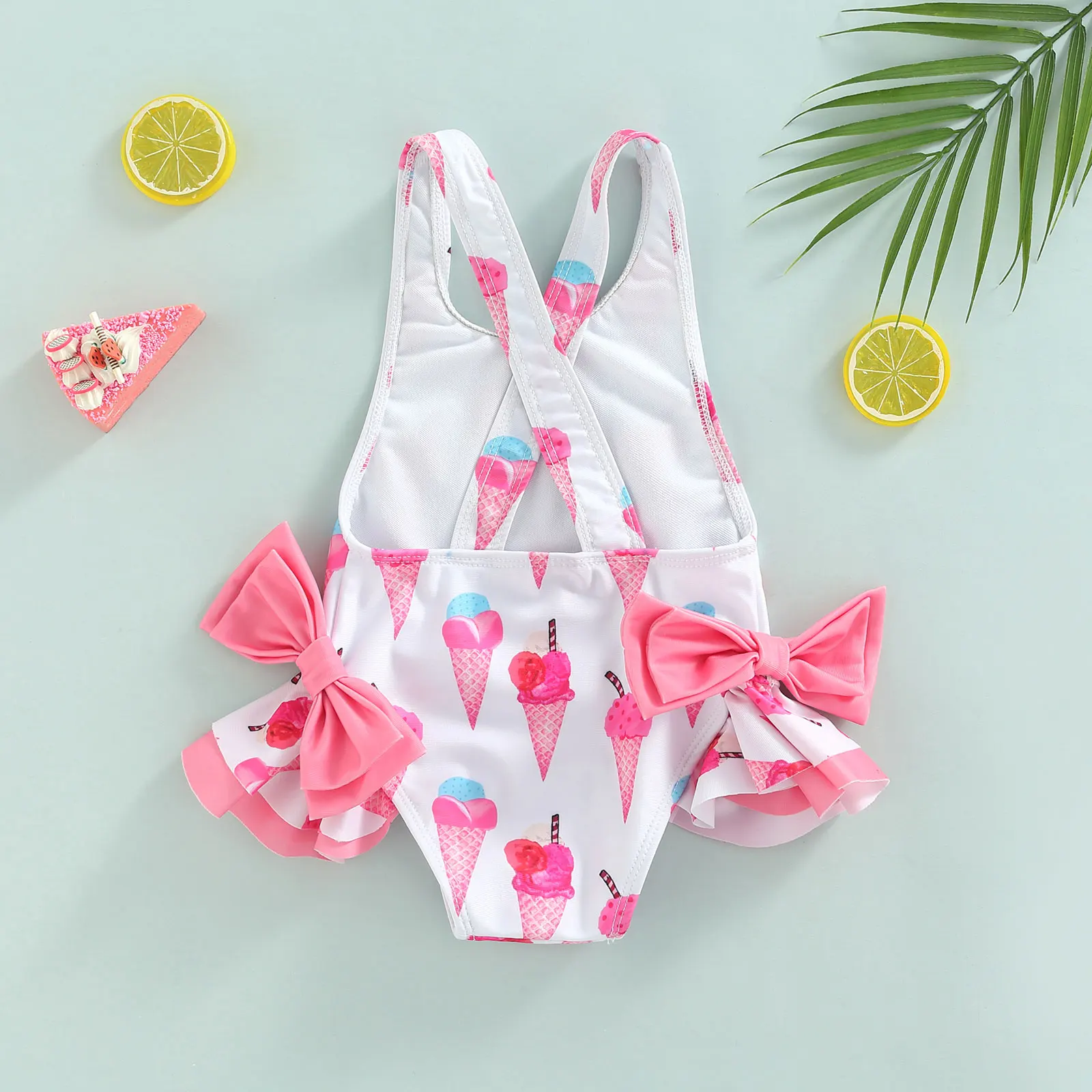 2024 New Kids Girls Swimwear Summer Sleeveless Doughnut/Ice Cream Printed Large Bowknot Ruffled Triangle Bathing Romper