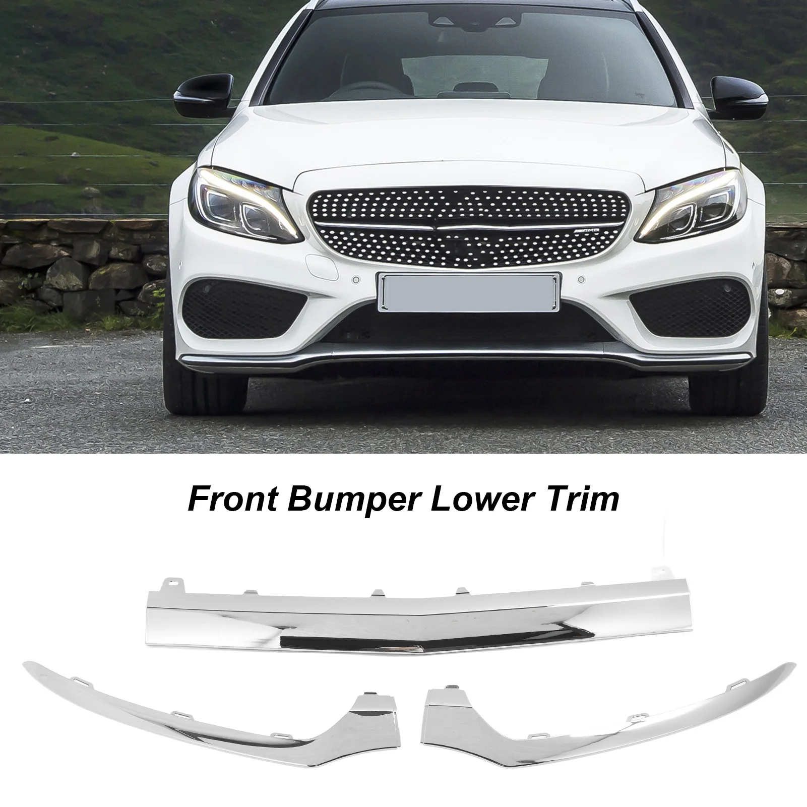 3Pcs Front Bumper Lower Chrome Trim 2058851374 Replacement For Mercedes Benz C‑Class W205 C205 A205 S205 AMG C43