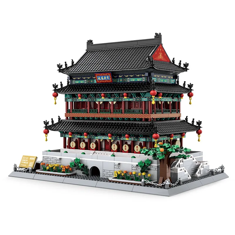 WG7214 Xi'an Drum Tower Building Blocks Zestaw Model Zabawka Trudności Architektura Sławna na Świecie z Sceną Uliczną Shaanxi Chiny
