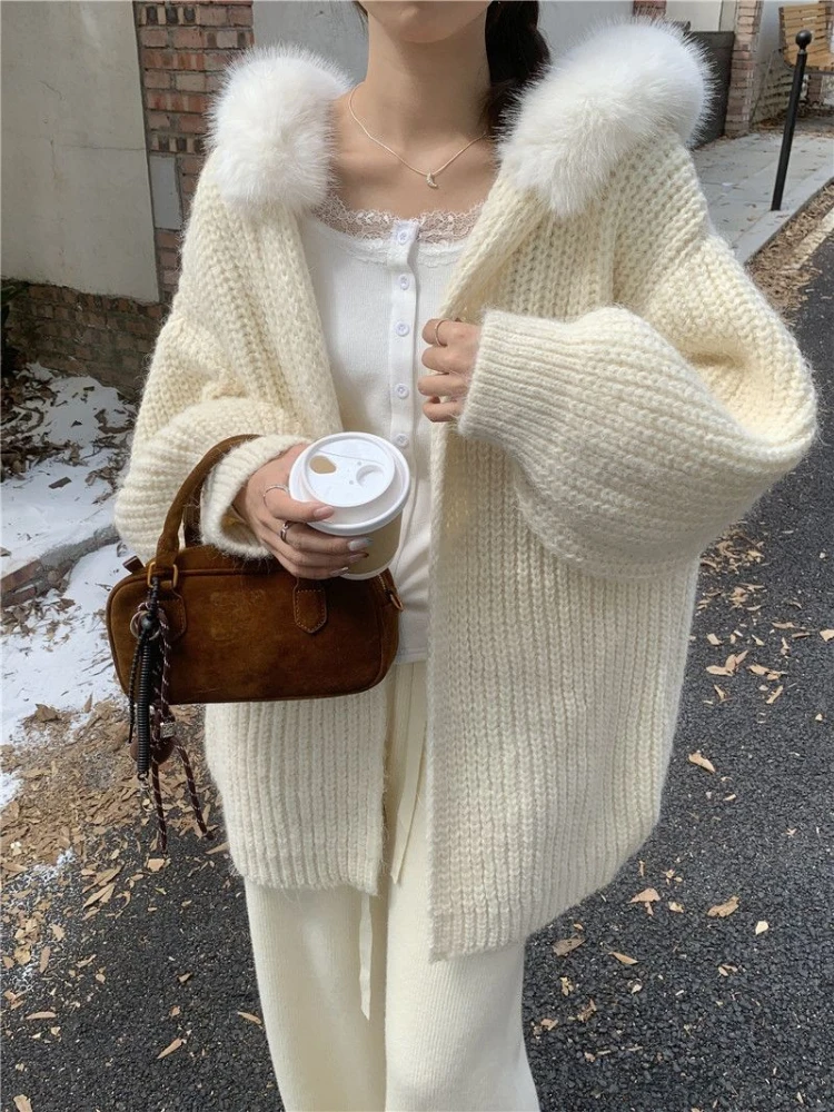 

ADAgirl White Hooded Sweater Women Long Sleeve Knitted Cardigan Winter Clothes Korean Style Fashion Cutecore Oversized Coat Chic