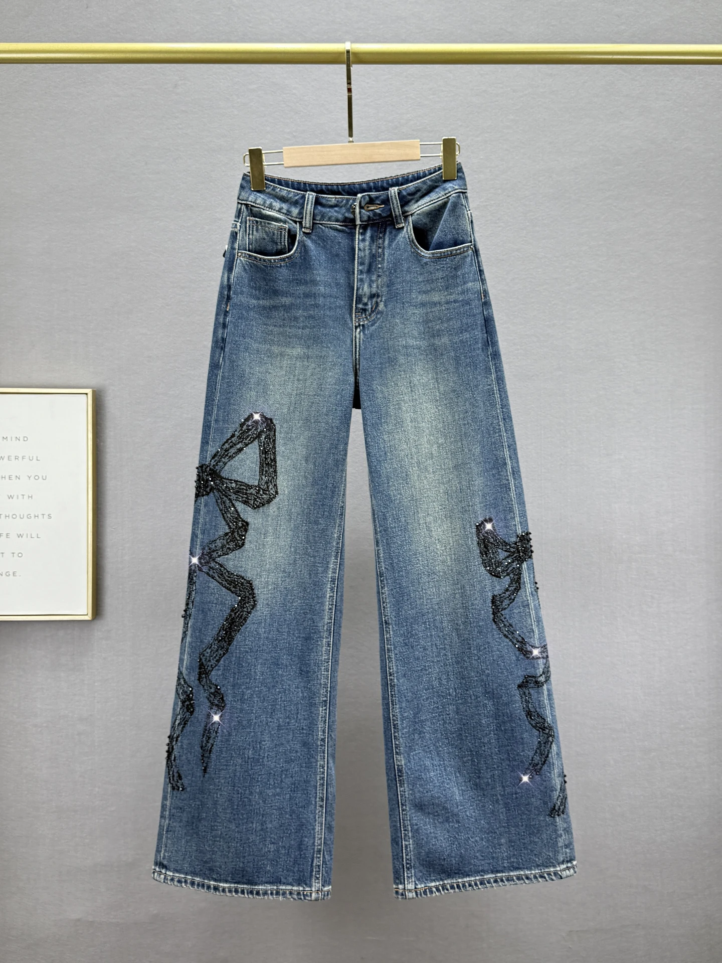 

Женские джинсы с высокой талией и широкими штанинами, свободные, стройнящие, в европейском стиле, с бриллиантовой отделкой, длиной в пол, осенняя новинка