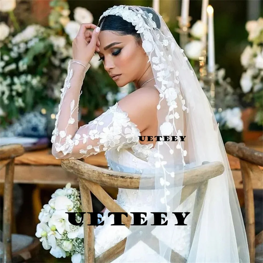 UETEEY Customized Elegant Boat Neck Off Shouler Detachable Long Sleeves Mermaid Wedding Dress Applique Lace Up Back Bridal Gown