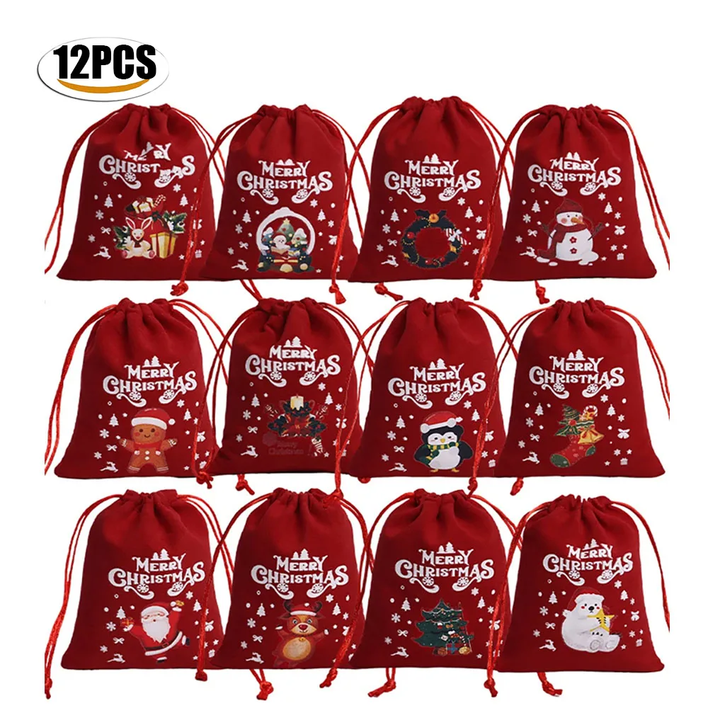 12pc Christmas Velvet Bags Drawstring Pouch Candy Snack Gifts Bag for Xmas New Year Party Bracelet Jewelry Packaging Storage Bag