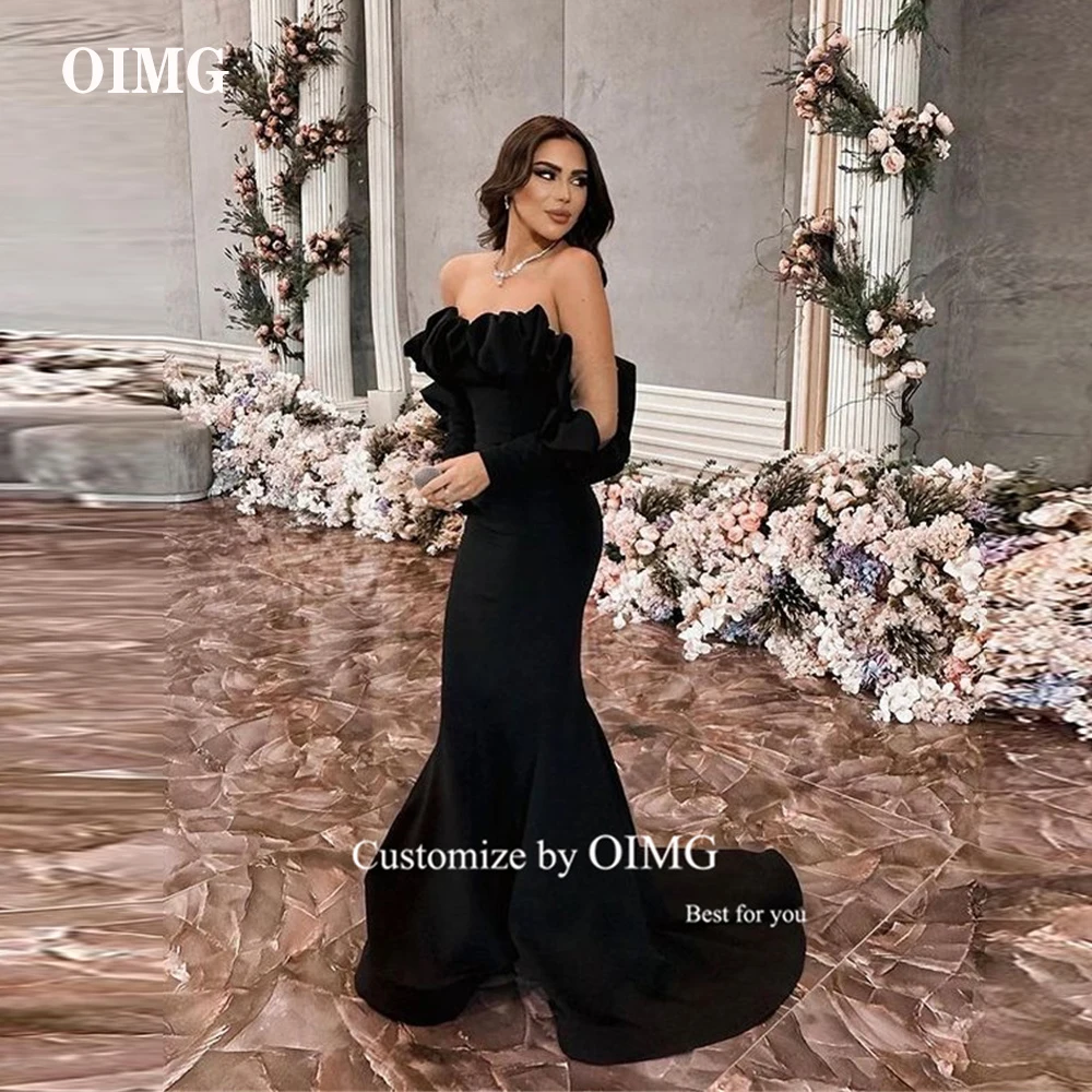 OIMG Sexy Off the Shoulder Mermaid Black Prom Dresses Long Sleeves Matte Satin Ruffles Evening Gowns Arabic Formal Party Dress