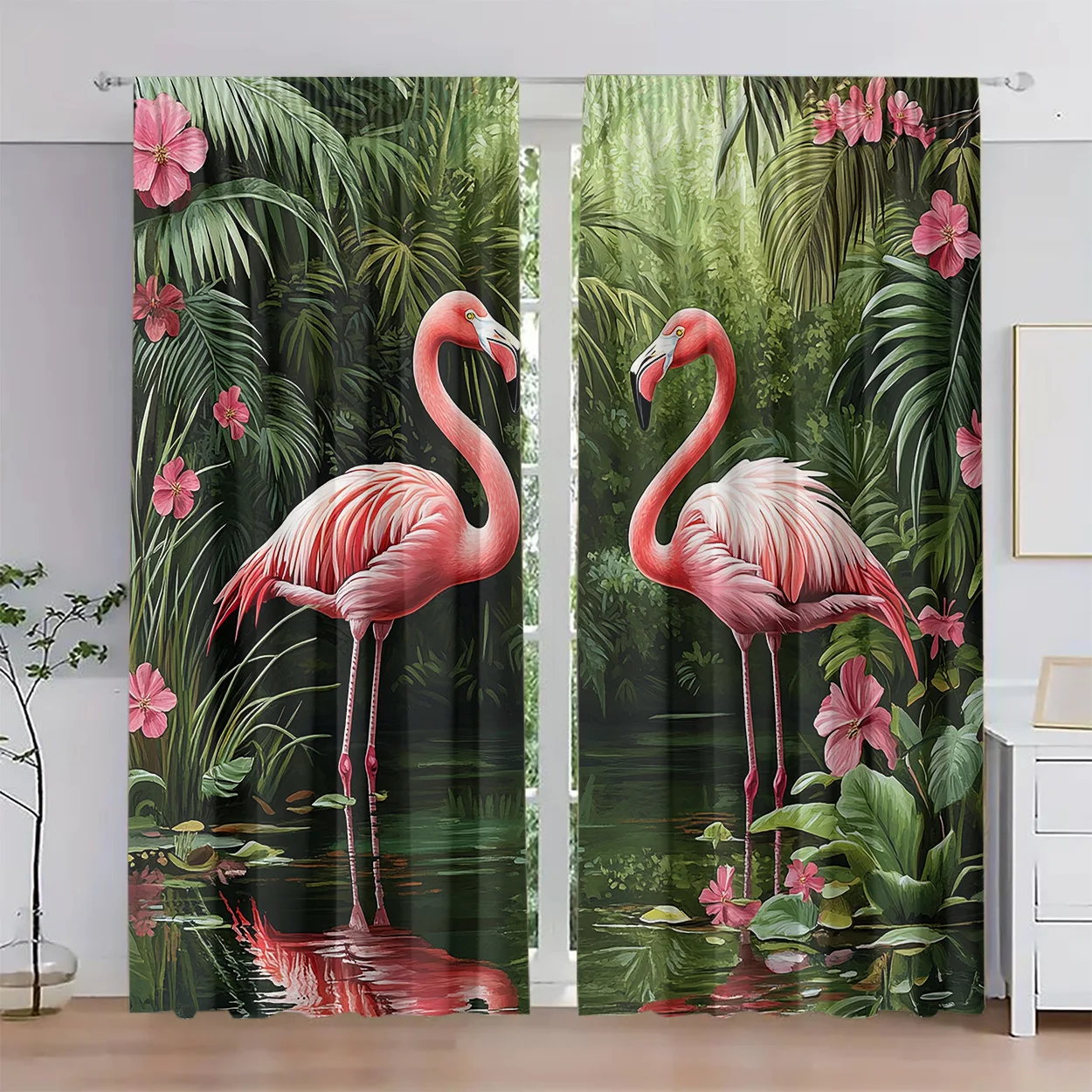 Tropical Flamingo Palm Curtain 2 Panels,Jungle Pink Floral Water Reflection Lush Green Print,Drapes for Bedroom Vacation Curtain