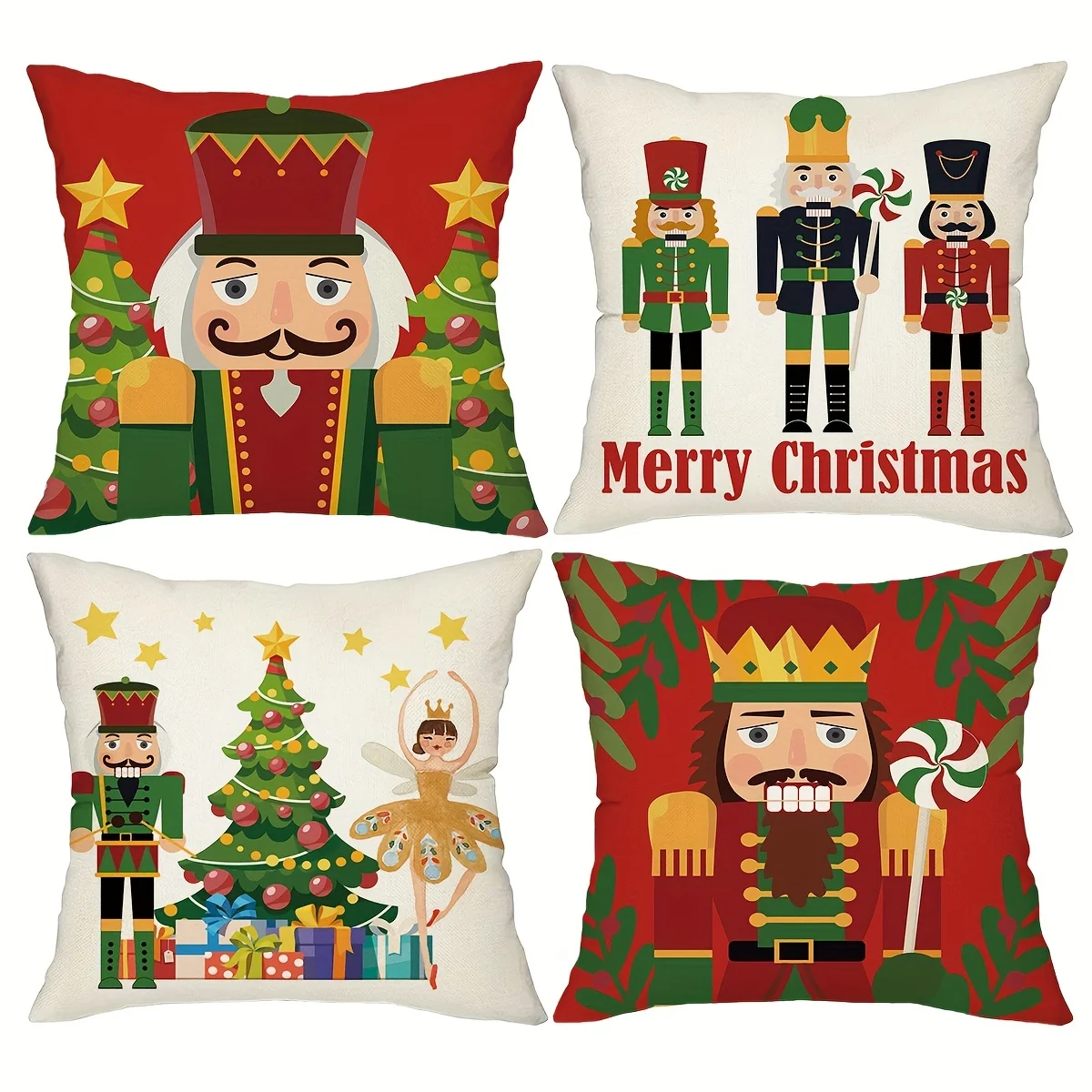 4pcs Vintage Christmas Pillow Covers - Nutcracker & Holiday Print, Zippered Cushion Covers for Sofa Living Room Patio Decor