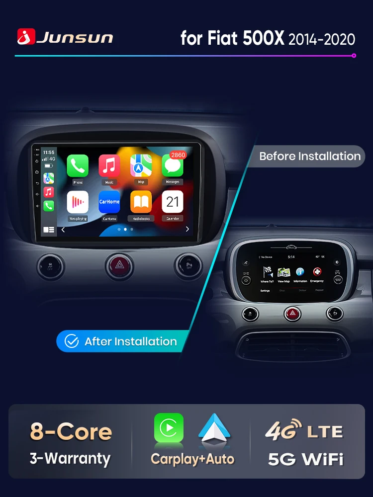 Junsun Android Auto Autoradio für Fiat 500X 2014 2015 2016 2017 2018 2019 2020 Multimedia Wireless Apple CarPlay Intelligente Systeme IPS Touchscreen Stereo Videoplayer 2 Din Autoradio Head Unit