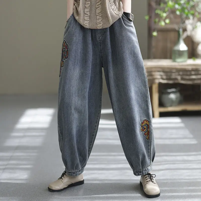 Women Summer Simplicity Loose Fashion Embroidered Vintage High Waist Jeans Women Clothes Casual All-match Appear Thin Wide Leg