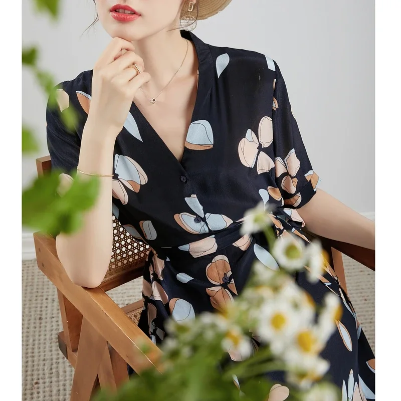 

Korean Fashion Summer Dress 2024 100% Silk Shirt Dress Female Floral Long Dresses For Women Casual Vestido De Mujer Pph4929