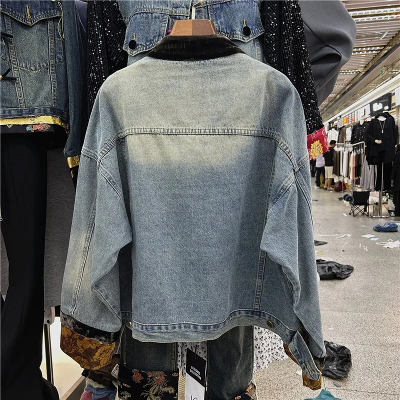 Harajuku Vintage Short Denim Jacket Light Blue Black Spring Women Contrast Color Stand Collar Patchwork Long Sleeve Jeans Jacket