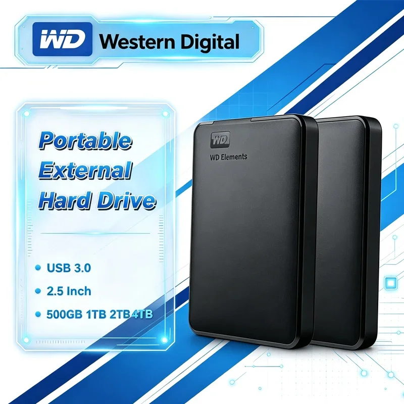 WD External Hard Drive 2.5" USB 3.0, Western Digital WD Elements Portable External HDD Hard Disk For Desktop PC Laptop, 2TB 1TB