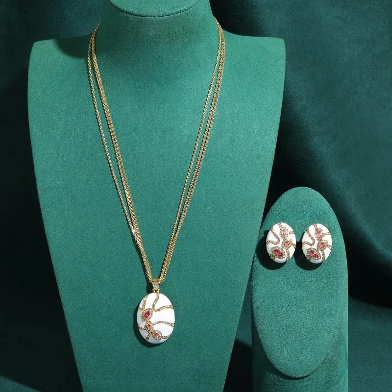 Vintage White Enamel Powder Crystal Oval Pendant Jewelry Sets Brand Design Luxury Classic Necklace Earrings High Quality Party