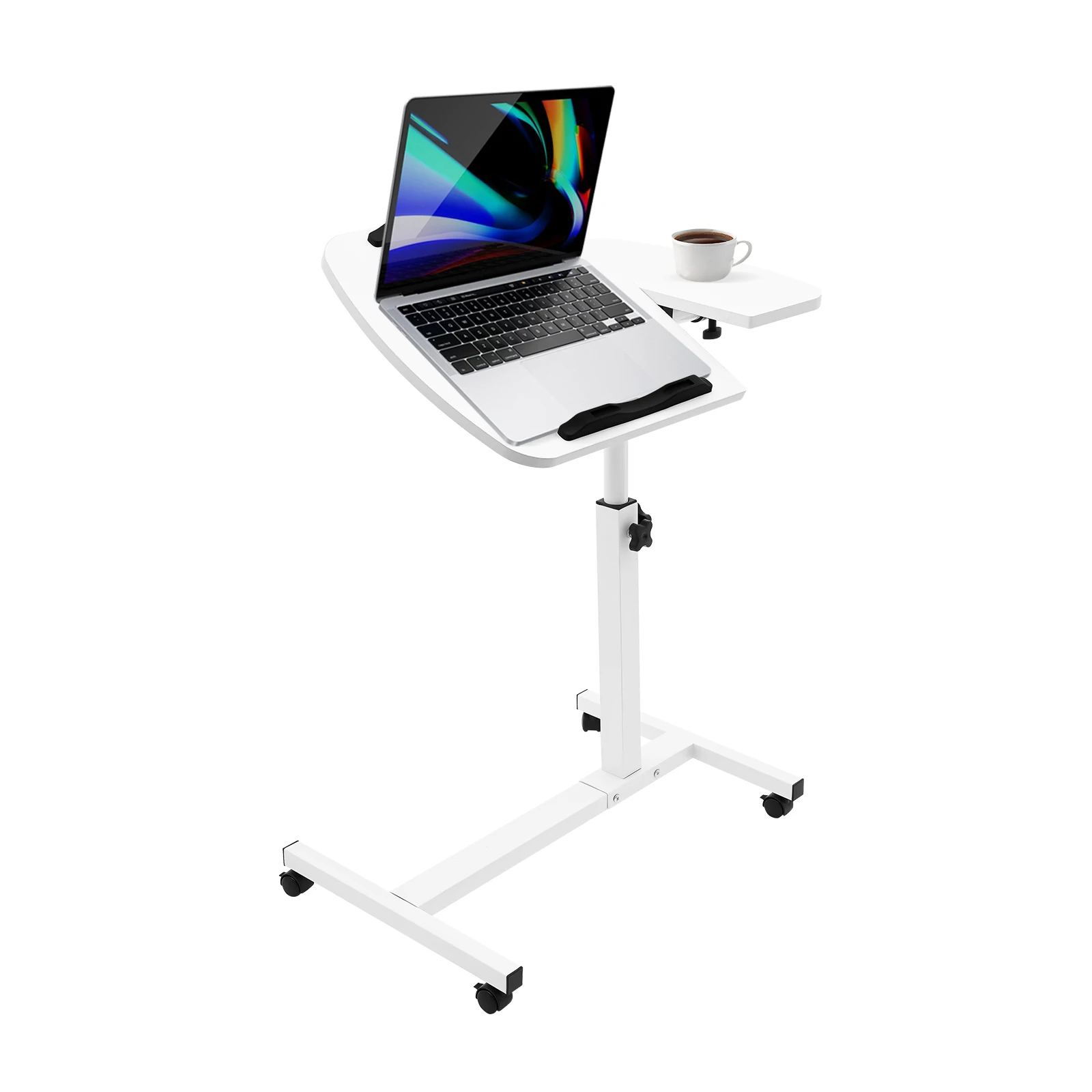 Adjustable Rolling Laptop Desk Stand, White MDF Carbon Steel 60-95cm Height 360° Tilt Brake Wheel Assembly Accessories, Split Tabletop C-frame Fold Anti-slip Stopper Anti-rust Coating, Bedside Sofa Office Work Table