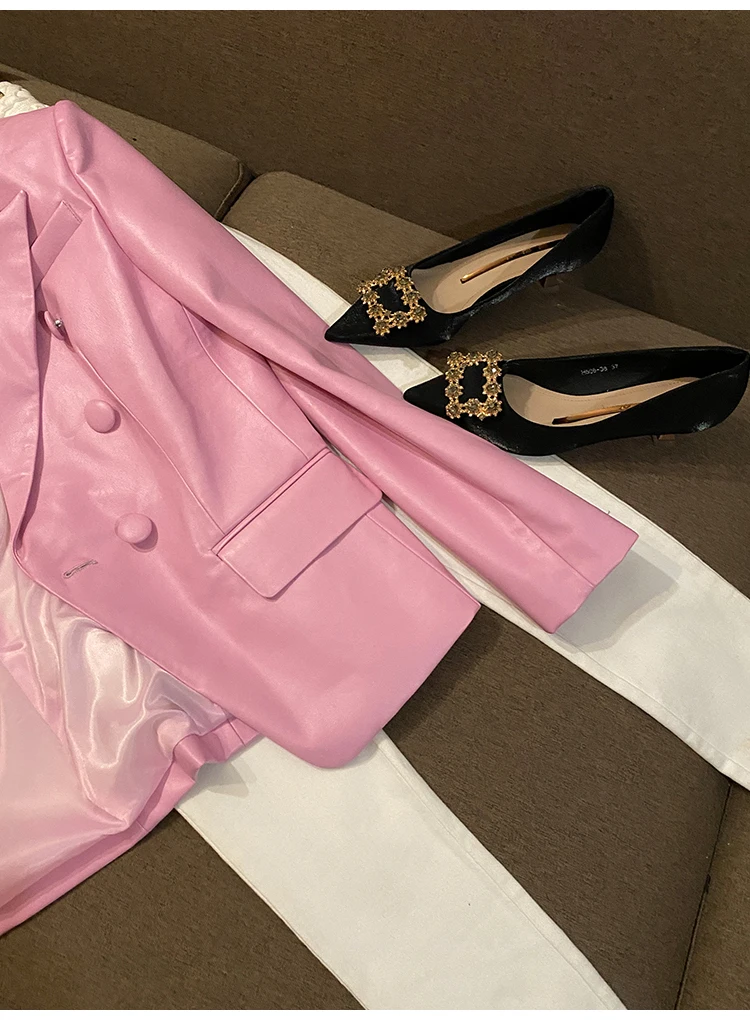 Lautaro Spring Stylish Short Pink Soft Pu Leather Blazer Long Sleeve Slim Fit Luxury Jackets for Women 2022 Elegant Fashion 5xl