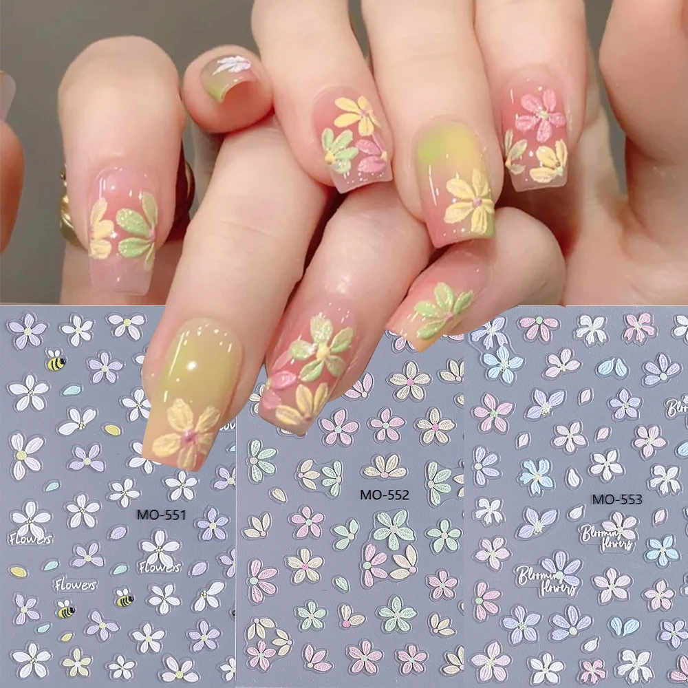 3 Stück Frühling Sommer Blumen 3D Nagelkunst-Aufkleber Gravierte Blüten Gänseblümchen Kirsche Florale Klebende Nagelsticker DIY Maniküre Nagel-Wraps