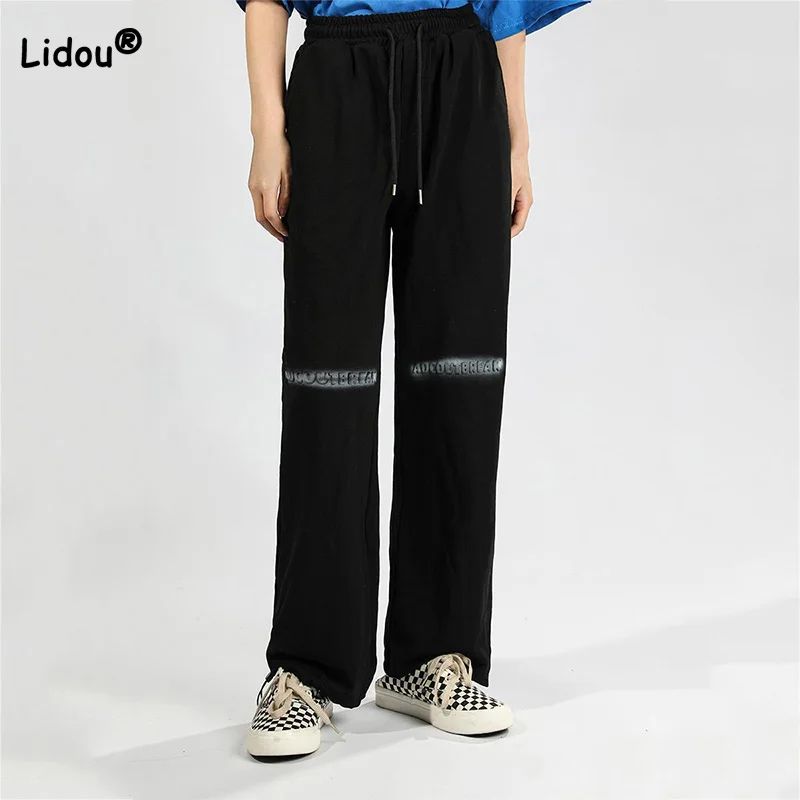 

Korean Paint Splash Letter Printed Leggings Sweatpants Spring Autumn Black All-match Drawstring Pockets Straight Trousers Womens