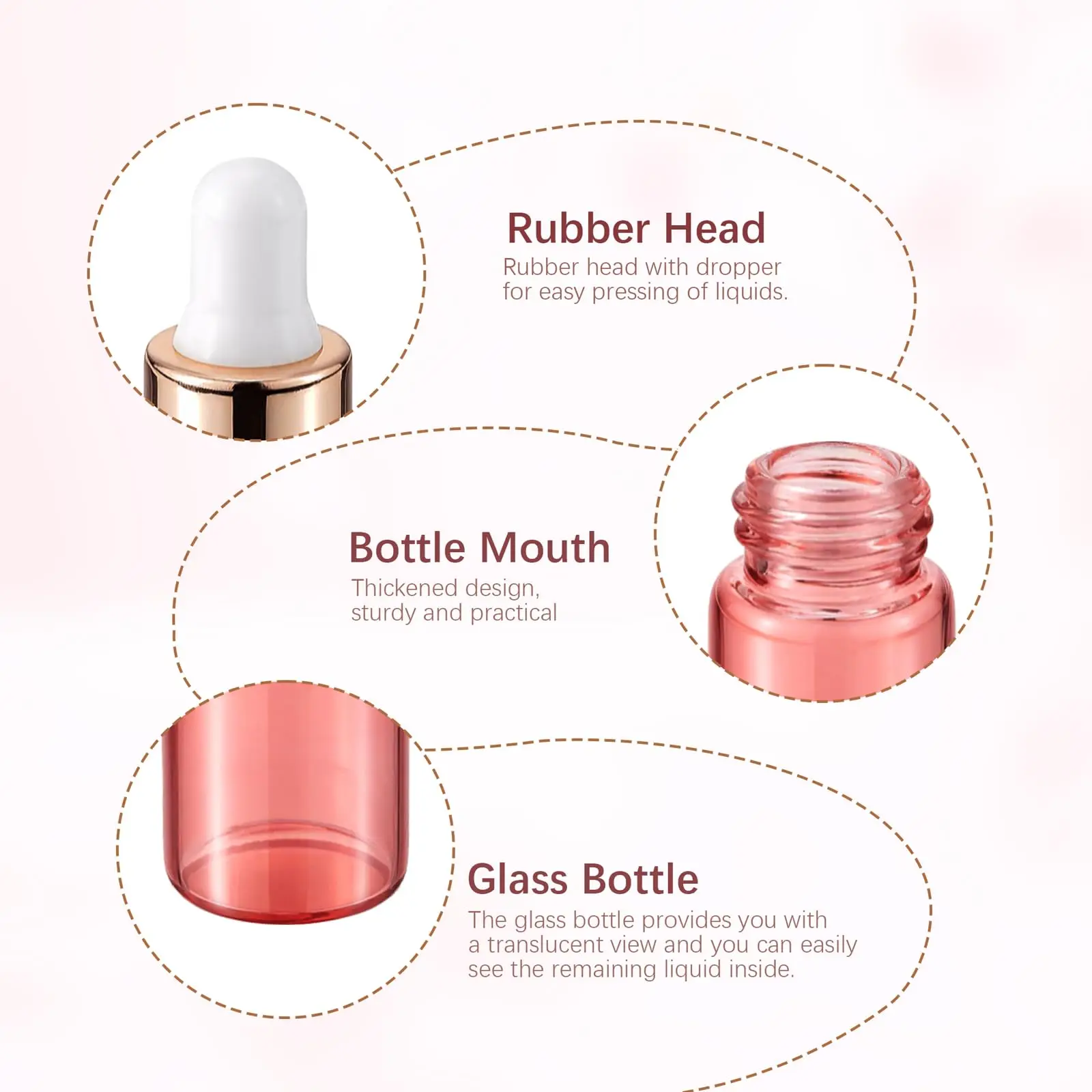 Confezione da 100 flaconi contagocce per oli essenziali rosa, fiale vuote per campioni in vetro con contenitore per liquidi per aromaterapia con profumo in tubo di vetro