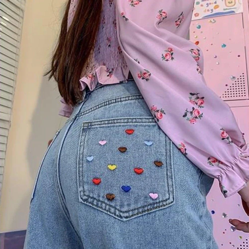 

Embroidered Womens Jeans Blue Trousers with Hearts Straight Leg High Waist Shot Pockets Emo Original Cool Cowboy Pants for Women