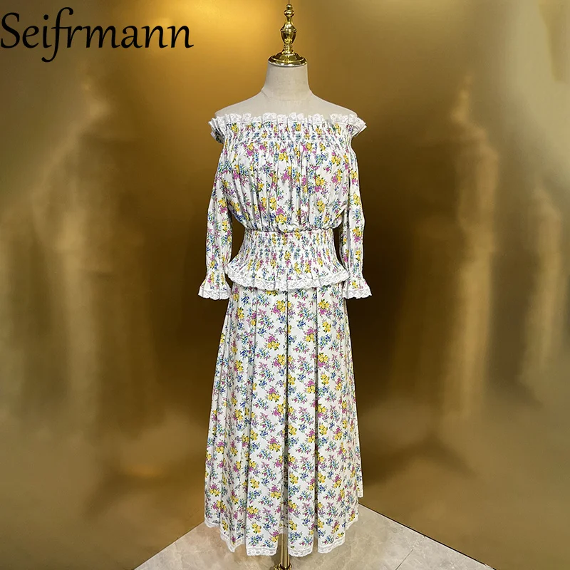 

Seifrmann 2026 Summer Women's New Fashionable boat neck Long Sleeve Cotton Printed Top+Half Skirt Two Piece Set