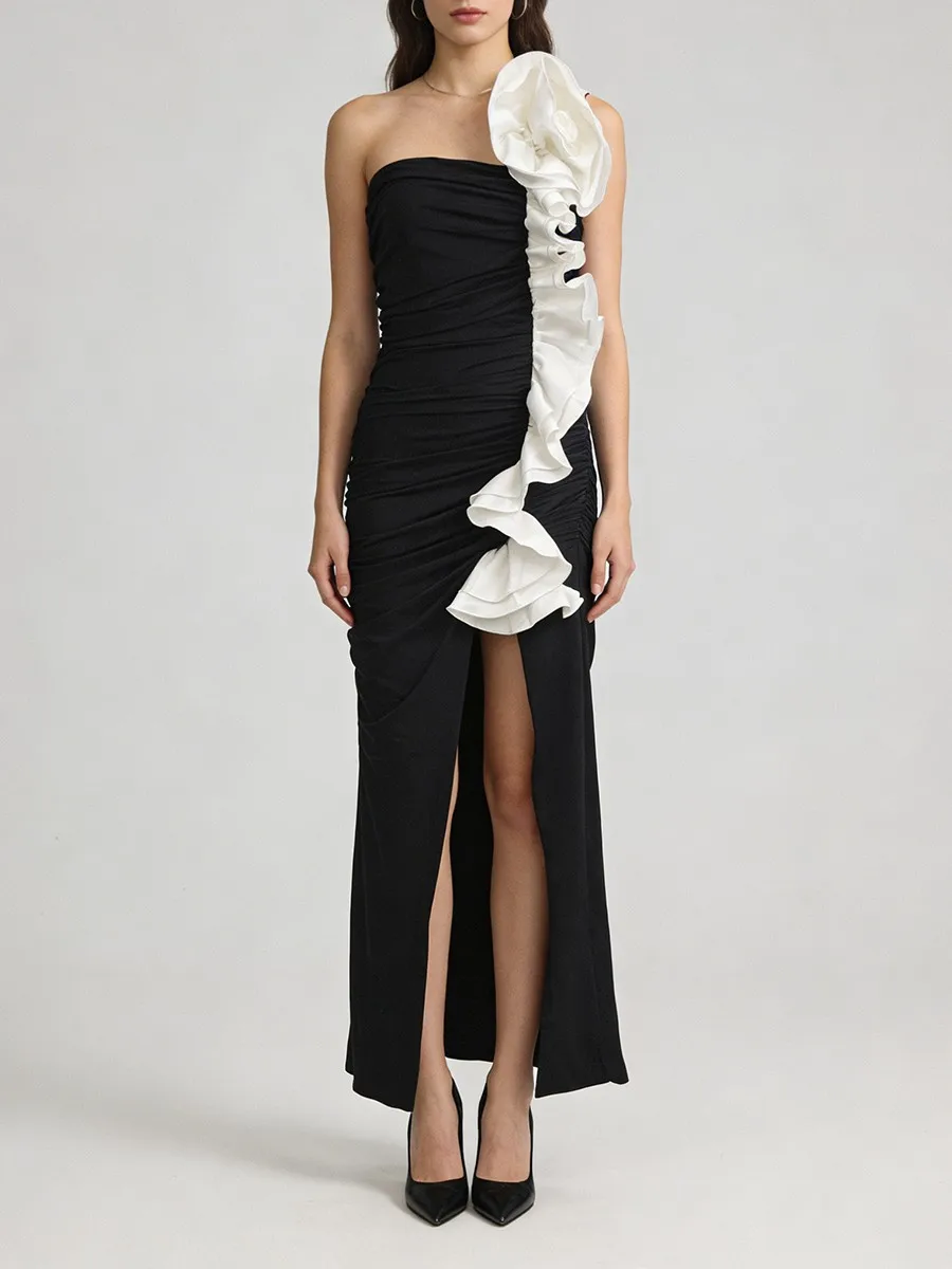 

Women's Hit Color Sexy Dress, Slimming Spliced 3D Flower Strapless Dress, Sleeveless Patchwork Shirring Female Dress