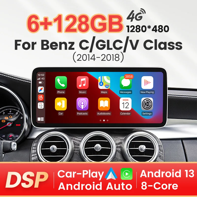 Leitor de vídeo multimídia para Mercedes-Benz Classe C W205 GLC X253 Classe V W446, GPS CarPlay, rádio automático Android, ROM de 128GB, tudo em um