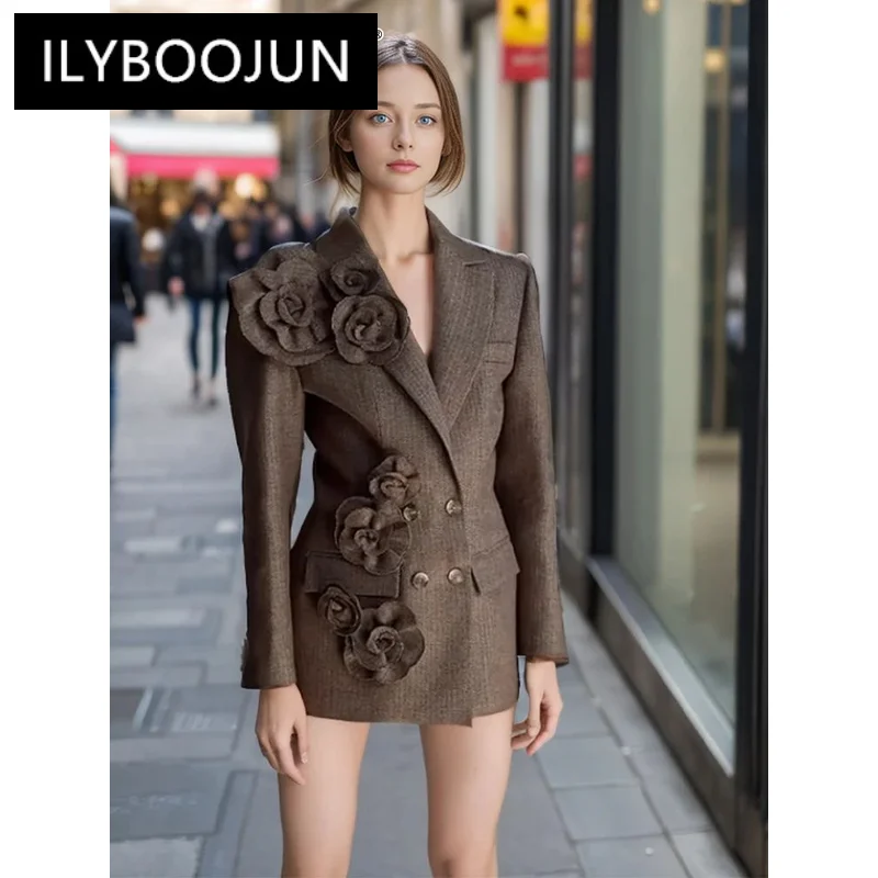 

ILYBOOJUN Solid Spliced Appliques Slim Elegant Blazers For Women Notched Collar Long Sleeve Patchwork Button Chic Coat Female