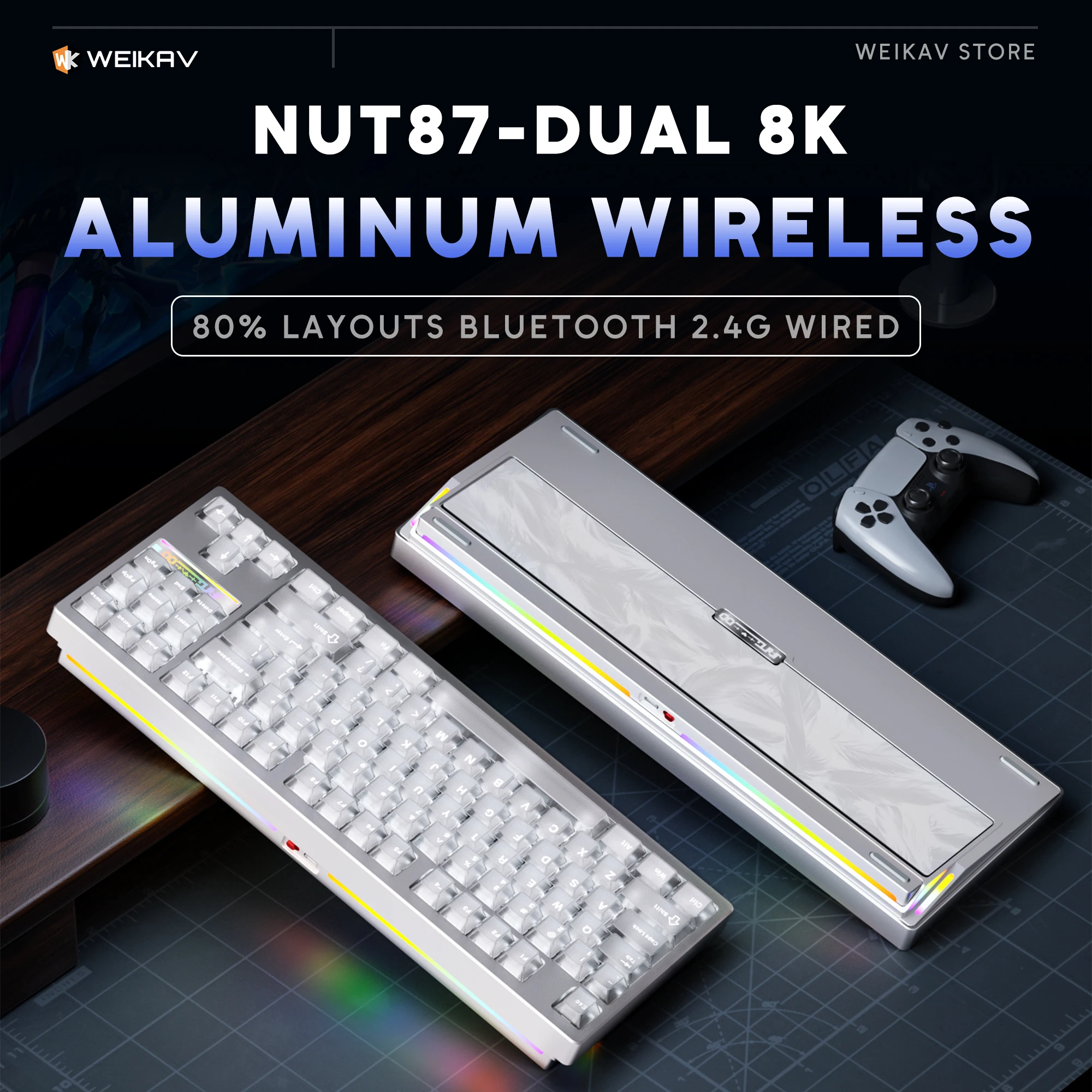 Teclado Mecânico Gamer Sem Fio WEIKAV NUT87 NUT 87 em Alumínio 80% Bluetooth 2.4G Com Fio RGB Hotswap Teclado Gamer Sem Contato