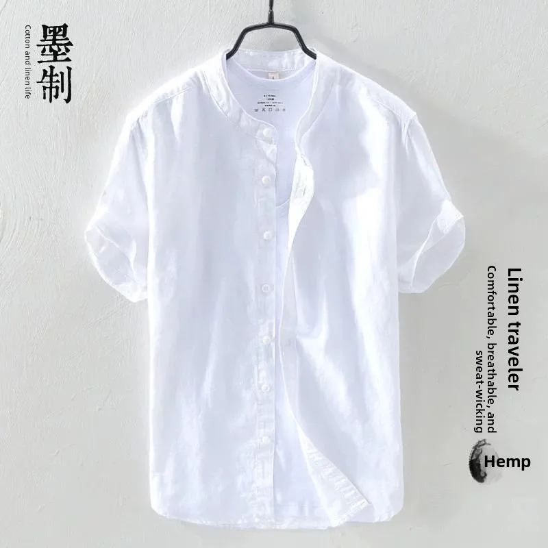 

Men's Short Sleeve Linen Shirt Casual Loose Thin Summer Breathable Pure Color V-Neck Button-Up Cotton Linen Blend Youth Fashion