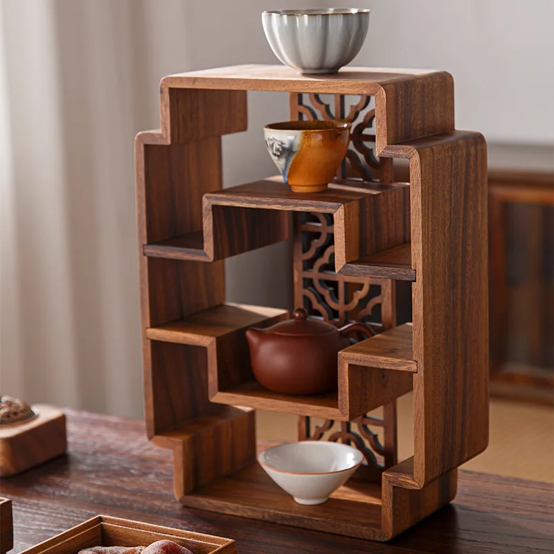 Walnut Storage Rack Small Desktop Tea Cup Bogu Rack New Chinoiserie Tea Room Coffee Table Storage Cup Holder Display Rack Tea Shelf Storage Rack Small Bogu Rack Art Tea Set Display Rack Tea Room Ornaments Bamboo Tea Display Cabinet