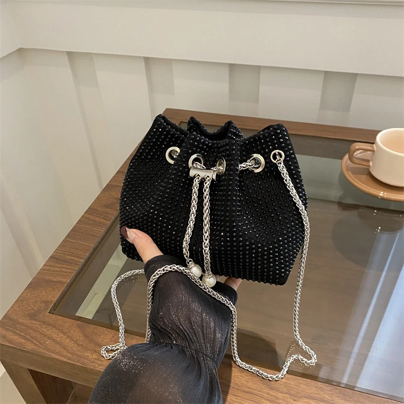 

Portable Shiny Evening Banquet Bag Handbag Korean Style Drawstring Crossbody Bag Small Purse Mini Bucket Bag Women