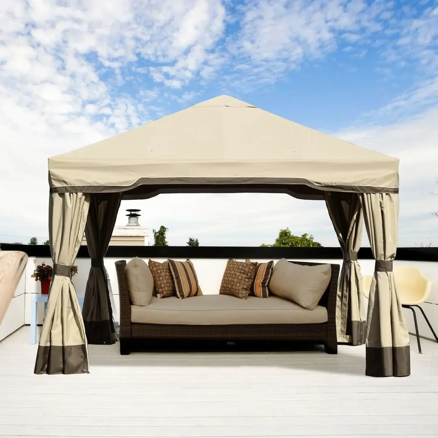 

Алюминиевая беседка 12x12 футов на открытом воздухе с конфиденциальными шторами и сеткой, коричневый навес для патио, сада, двора, лужайки