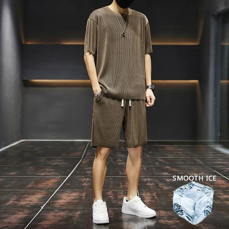 Traje de seda de hielo para hombre, camiseta de manga corta y pantalones cortos, ropa de dormir de dos piezas, vestido de Casa de secado rápido, Verano